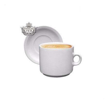Juego Taza Pocillo Cafe Y Plato Porcelana Tsuji 450 Blanca