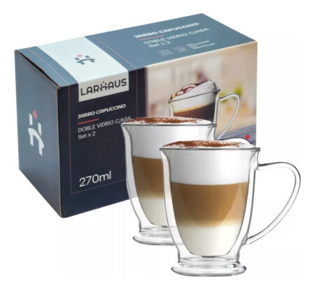 Set Jarro Capuccino Vaso Doble Vidrio 270 cc x2 -Larhaus Barista